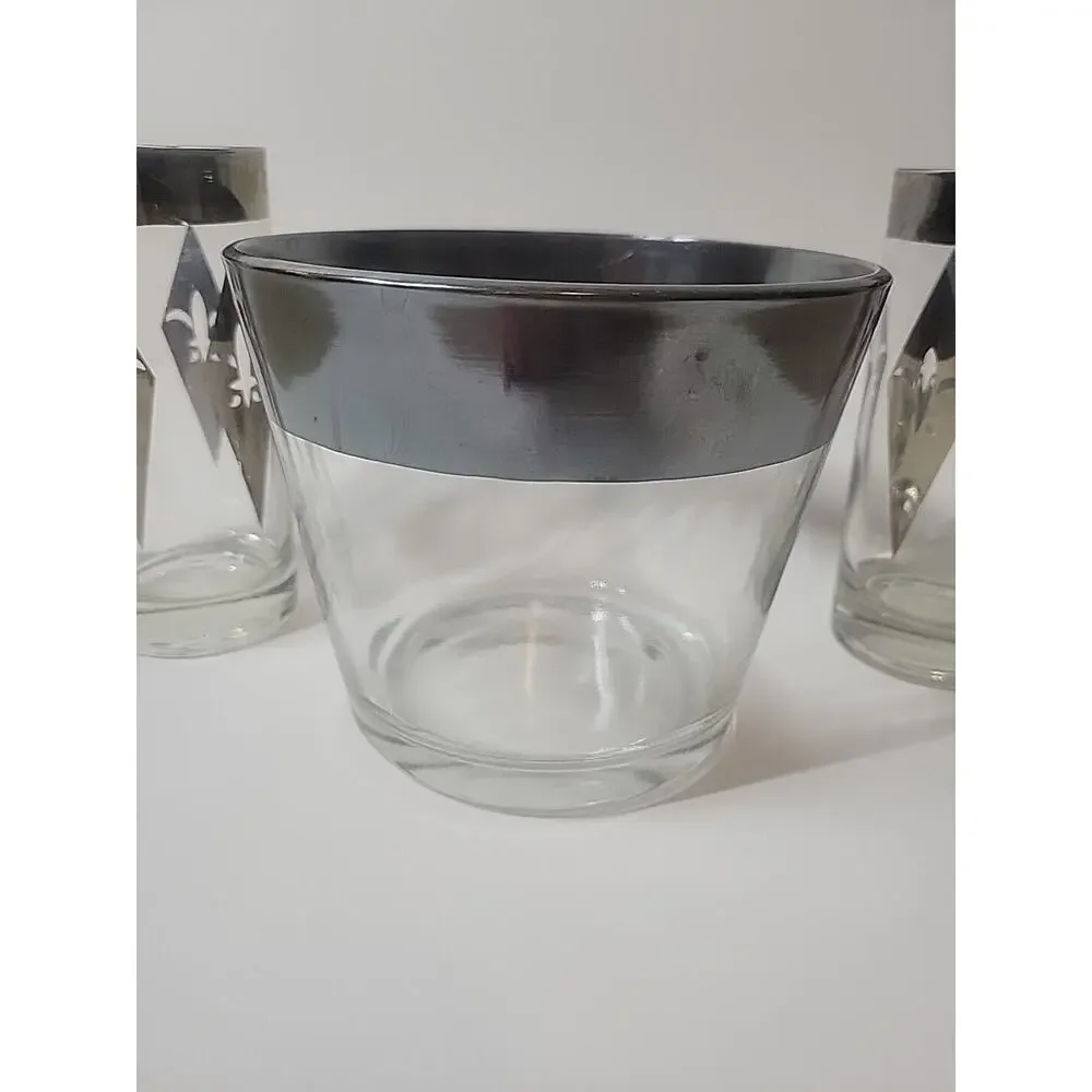 Vintage 1960's Dorothy Thorpe MCM Ice Bucket Silver Rim And Glasses